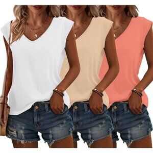 3 Pack V-Neck Cap Sleeve Tees – Summer Casual Basic Tops